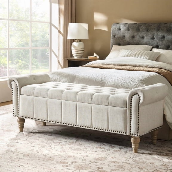 Tufted Storage Bench with Lift Top, Nailhead Trim & Rolled Arms, Entryway Ottoman with Hidden Storage, 600 LBS, Ivory