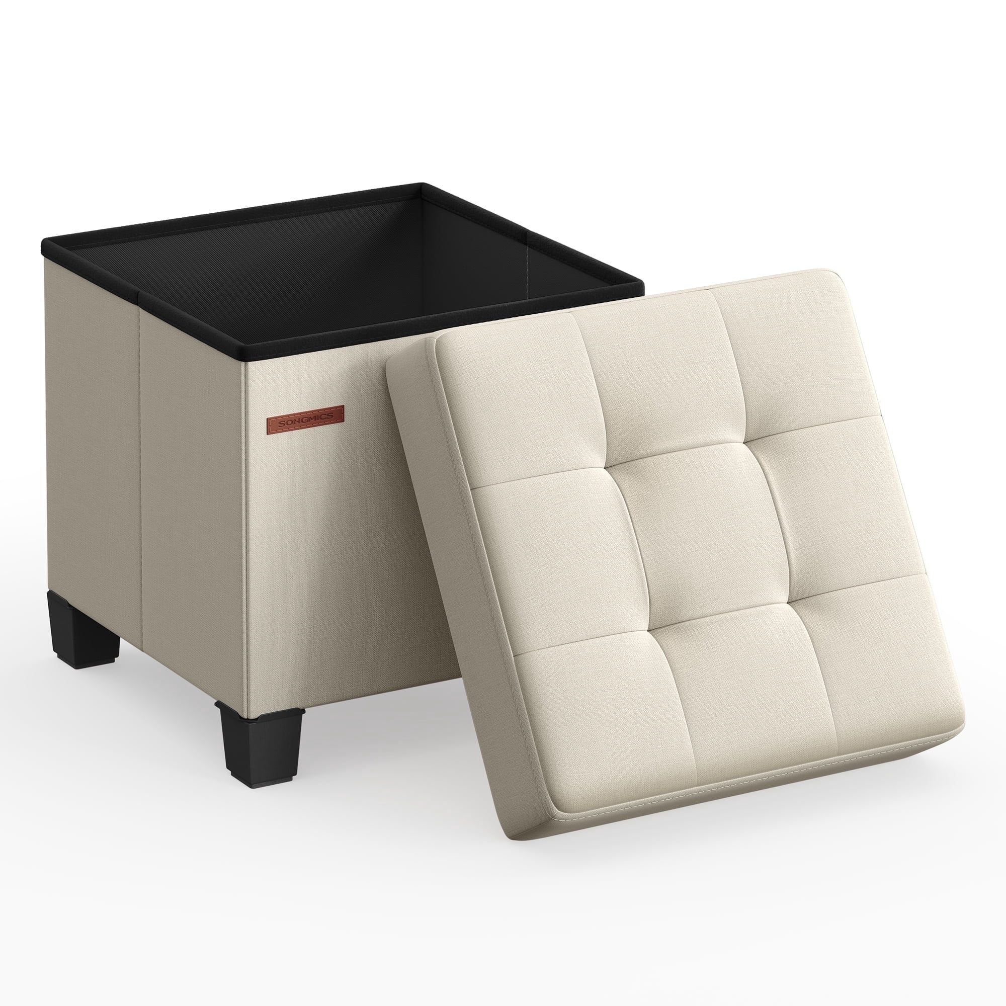 Tufted Storage Ottoman Bench - 15x15x15.7 Inch Foldable Footrest with 660lb Capacity, Hidden Storage for Living Room & Bedroom, Cream White