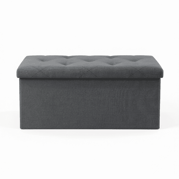 Tufted Storage Ottoman Bench, Gray Linen Foldable Footrest with Flipping Lid for Bedroom, Living Room, Entryway, 250 Lbs Capacity