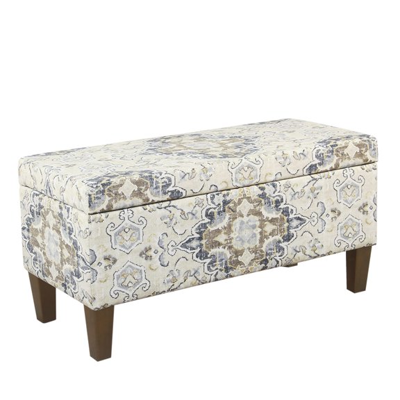 Tufted Storage Ottoman Bench with Hinged Lid, Brown and Cream Patterned