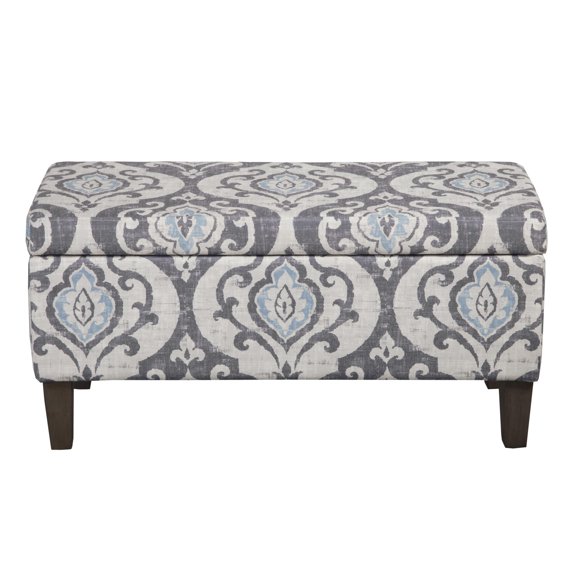 Tufted Storage Ottoman Bench With Hinged Lid In Slate Damask Pattern