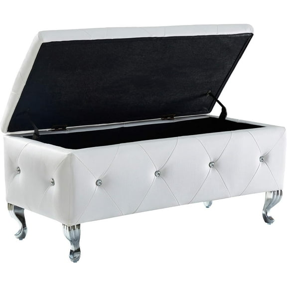 Tufted Storage Ottoman  with Crystal Buttons, PU Leather Upholstered Flip Top  for Entryway, Bedroom, End of Bed - Hidden Storage Chest with Padded Seat (White)