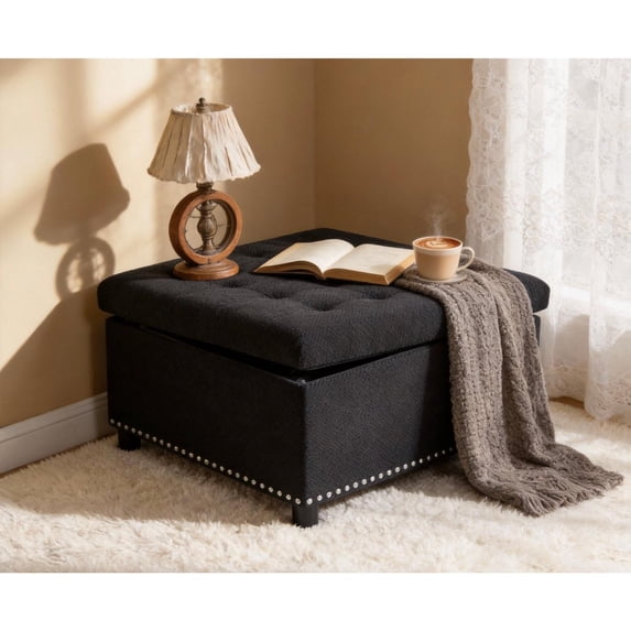 Tufted Storage Ottoman with Nailhead Trim, Square Footstool with Hidden Storage Compartment, Upholstered Coffee Table for Living Room, Bedroom, Black