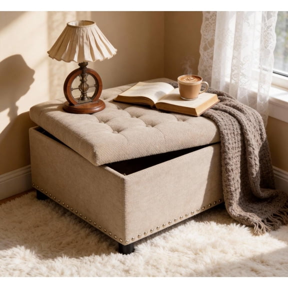 Tufted Storage Ottoman with Nailhead Trim, Square Footstool with Hidden Storage Compartment, Upholstered Coffee Table for Living Room, Bedroom, Camel