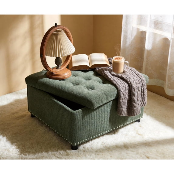 Tufted Storage Ottoman with Nailhead Trim, Square Footstool with Hidden Storage Compartment, Upholstered Coffee Table for Living Room, Bedroom, Green