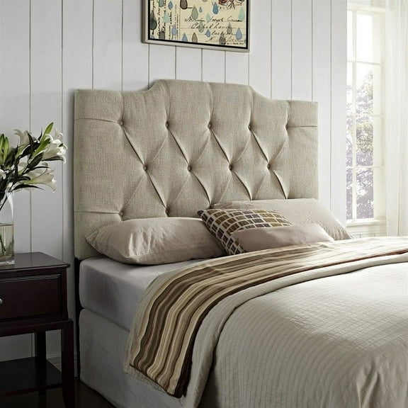 Tufted Tan Linen Headboard, Full / Queen