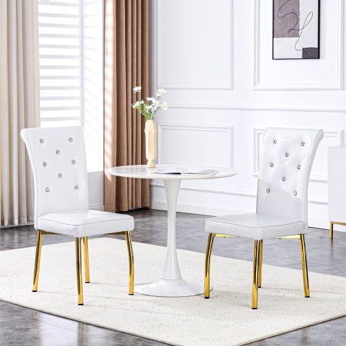 Tufted Upholstered Dining Chairs Set of 2, Modern Faux Leather Kitchen Side Chairs, High Back, Metal Legs, Crystal Decor Button Dining Room Chairs, White Gold