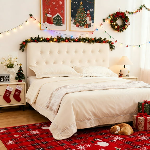 JONPONY Tufted Upholstered Headboard Queen Size, Solid Wood Head Board with  Adjustable Height  Headboard from 37" to 51",Bed Frame Adapters,Beige,Headboard Only