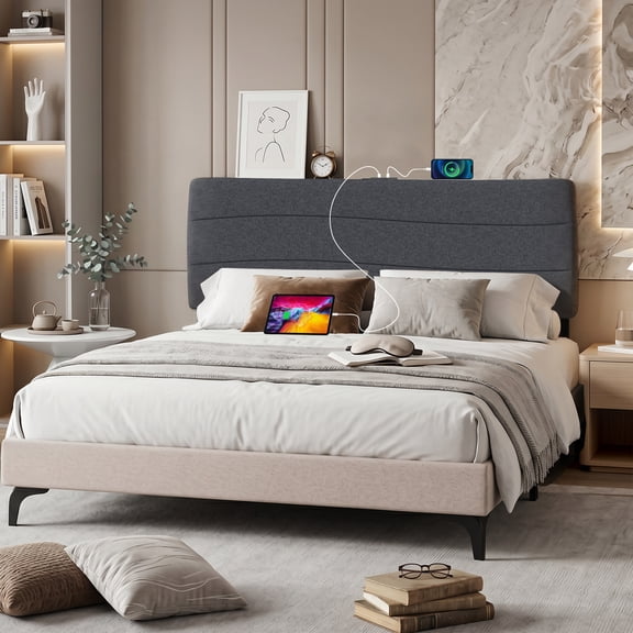 JONPONY Queen Size Wave Ergonomic Upholstered Headboard,with USB and Type-C Ports, Adjustable Height, Easy Assembly, Grey