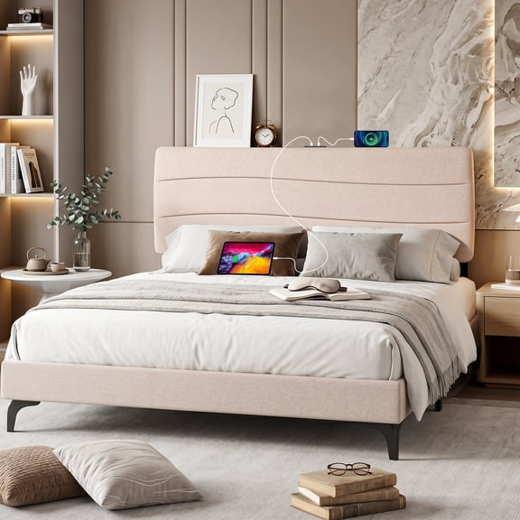 JONPONY Twin Size Wave Ergonomic Upholstered Headboard, with USB and Type-C Ports, Adjustable Height, Easy Assembly, Beige