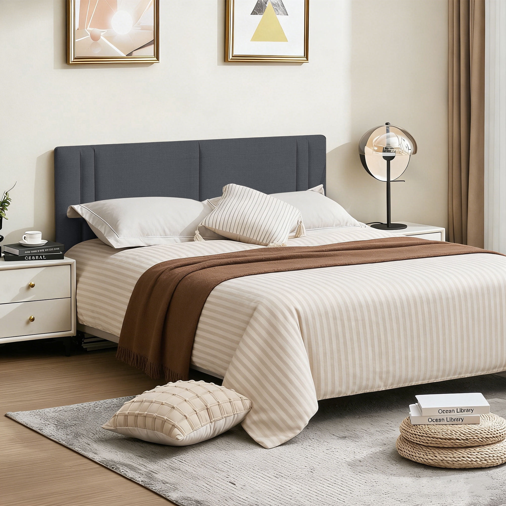 JONPONY Upholstered Full Headboard,Solid Wood Head Board with Linen Fabric,Adjustable Height Headboard from 37" to 51",Bed Frame Adapters,Headboard Only,Gray