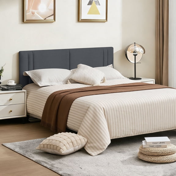 JONPONY Upholstered Full Headboard,Solid Wood Head Board with Linen Fabric,Adjustable Height Headboard from 37" to 51",Bed Frame Adapters,Headboard Only,Gray