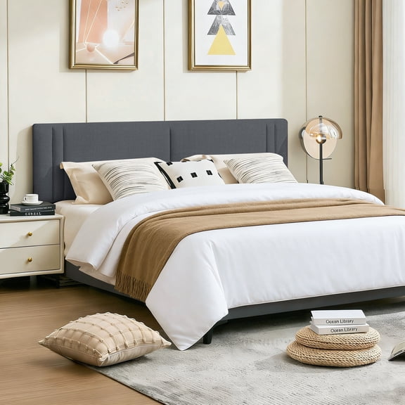 JONPONY Upholstered King Headboard,Solid Wood Head Board with Linen Fabric,Adjustable Height Headboard from 37" to 51",Bed Frame Adapters,Headboard Only,Gray