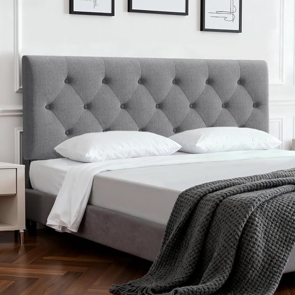 Tufted Upholstered Headboard Queen Size, Solid Wood Head Board with Durable Metal Legs, Linen Fabric Padded Headboard, Adjustable Height from 37” to 51”, Modern Button Design Head Board, Grey