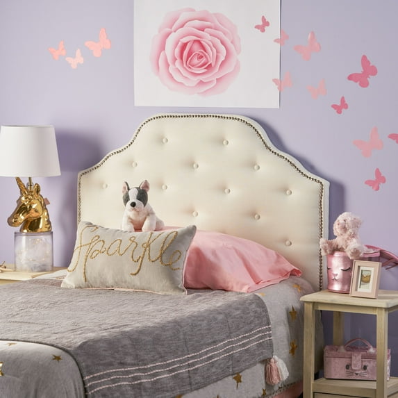 Tufted Upholstered Headboard Twin Size, Solid Wood Head Board with Durable Metal Legs, Adjustable Height Twin headboard, Fabric Headboard in Modern Button Design (Ivory)