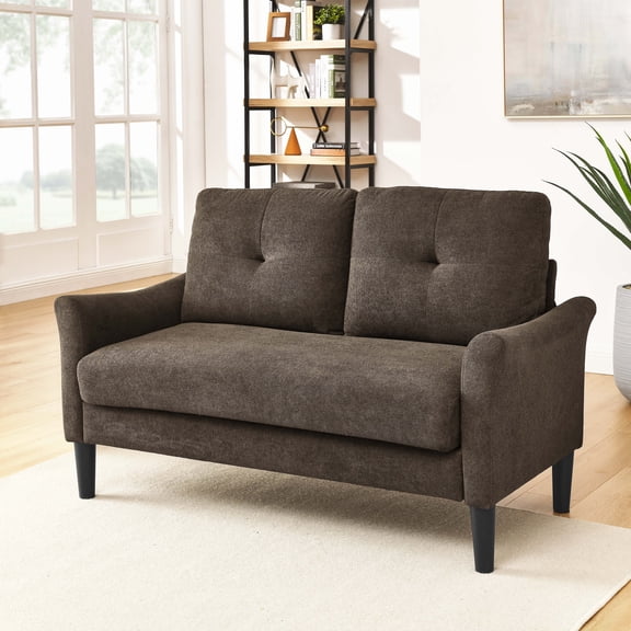 Tufted Upholstered Loveseat Sofa, Modern Fabric 2-Seater Couch with Button-Tufted Design, Compact Living Room & Bedroom Sofa Seating, Brown