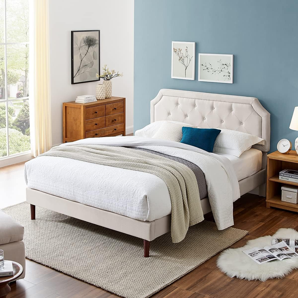 Tufted Upholstered Platform Bed Frame With Adjustable Height Headboard ...