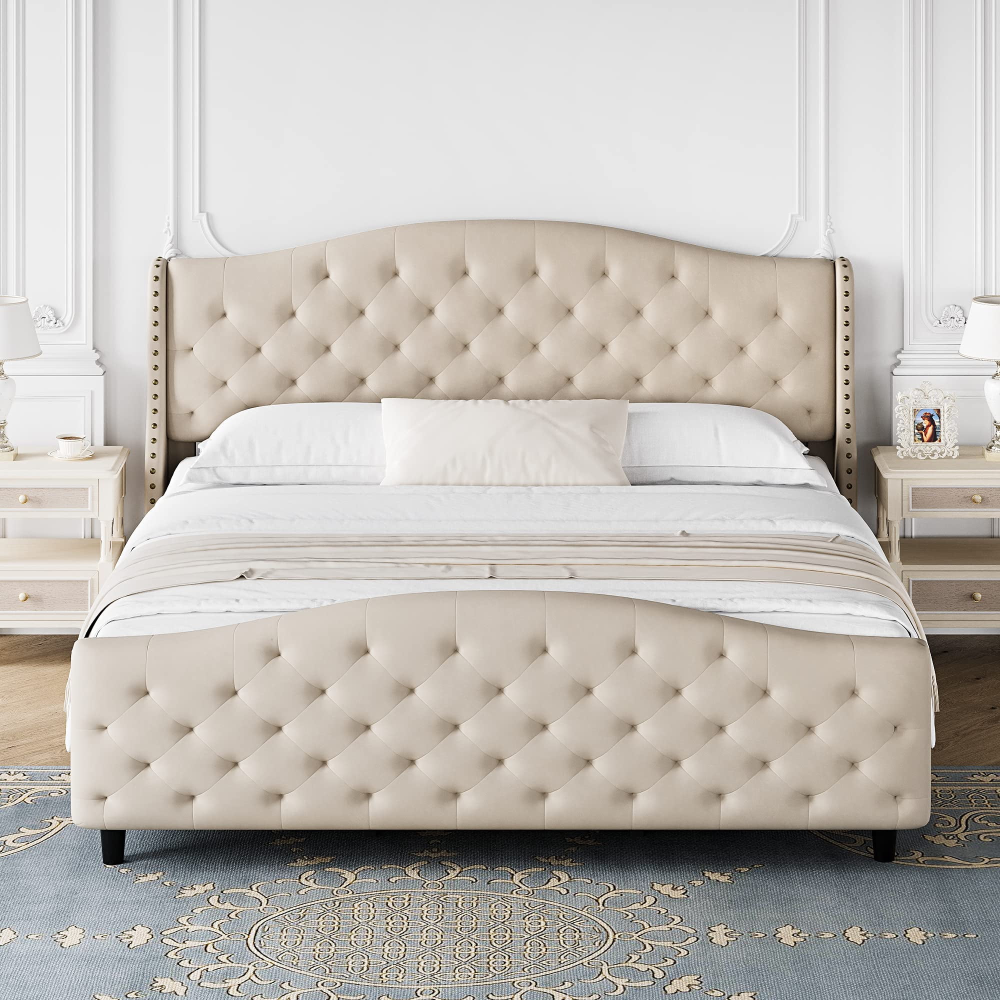 Tufted Upholstered Platform King Bed Frame with Headboard and Footboard
