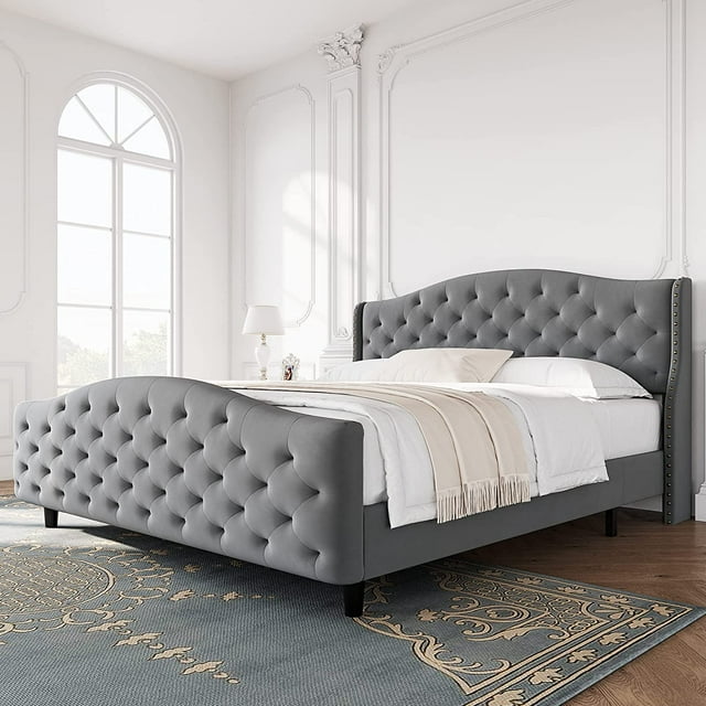 King Size Velvet Upholstered Platform Bed Frame with Tufted Headboard
