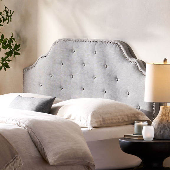 Tufted Upholstered Queen Headboard, Solid Wood, Metal Legs, Adjustable, Nailhead Trim