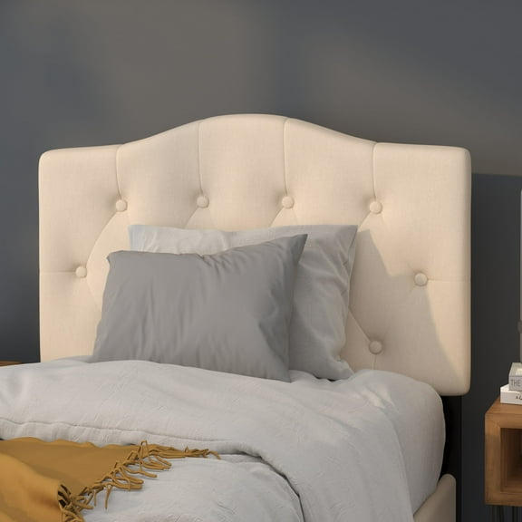 Tufted Upholstered Twin Size Headboard in Beige Fabric