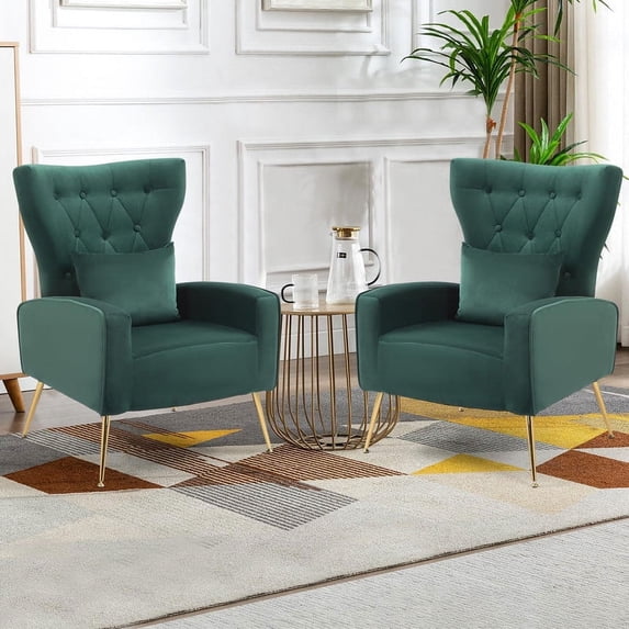 Tufted Upholstered Velvet Armchair for Living room, Bedroom,Green (Set of 2)
