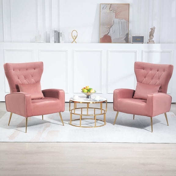 Tufted Upholstered Velvet Armchair for Living room, Bedroom,Pink (Set of 2)