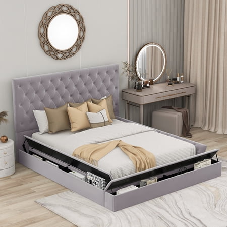 Tufted Upholstery Platform Bed with Storage Compartments, Full Size, Gray