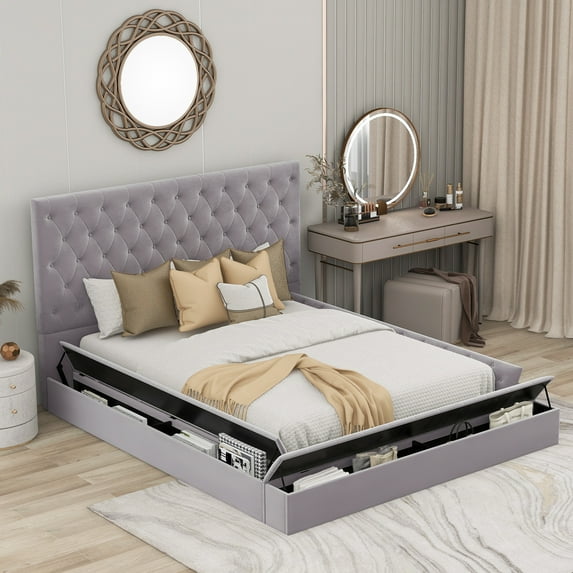 Tufted Upholstery Platform Bed with Storage Compartments, Full Size, Gray