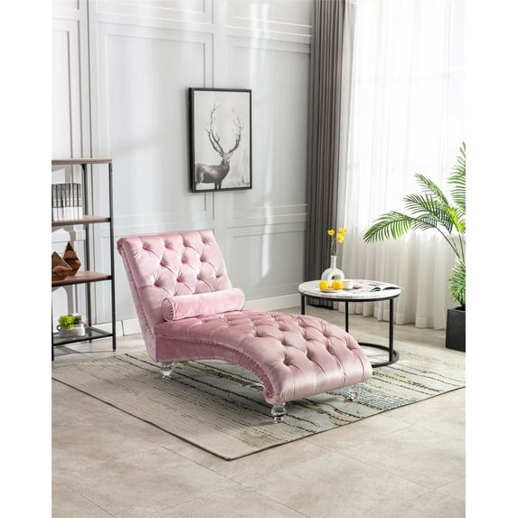 Tufted Velvet Chaise Lounge, Leisure Upholstered Sofa Couch with Acrylic Feet and Lumbar Pillow, Modern Upholstered Couch with Tufted Button for Living Room, Bedroom and Reading Room, Pink