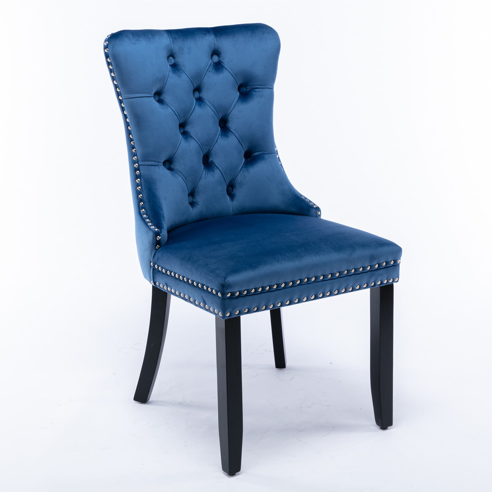 Blue Velvet Upholstered Dining Chairs with Wood Legs, Set of 2