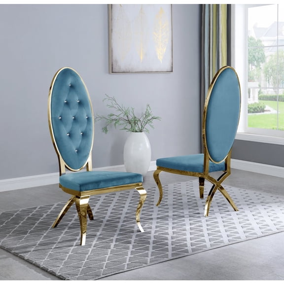 Tufted Velvet Dining Chairs in Teal Blue with Gold Stainless Steel (Set of 2)