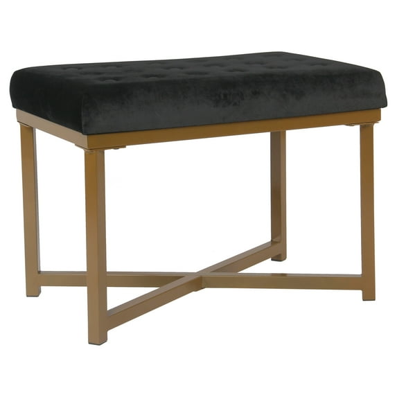 Tufted Velvet Ottoman - Black : Upholstered Footstool, Metal Legs, Rectangle Shape, 250lb Capacity