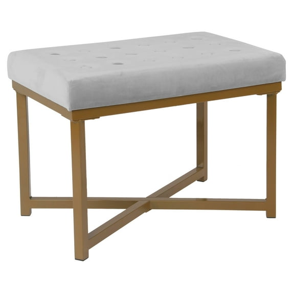 Tufted Velvet Ottoman - Silver: Upholstered Footstool, Metal Legs, Polyester Fabric