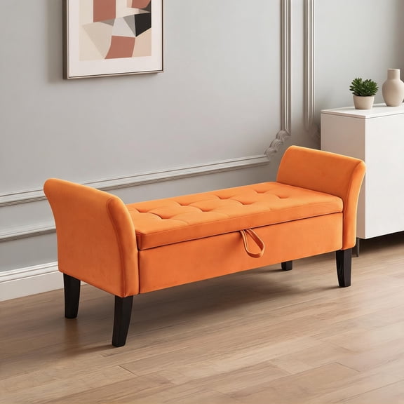 Tufted Velvet Storage Bench with Curved Arms, Orange-Toned, 51.5 Inch, Two-Person