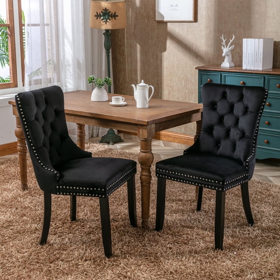 Tufted Velvet Upholstered Dining Chair with Nailhead Trim, Black, Solid Wood Legs, Contemporary Style, Set of 2