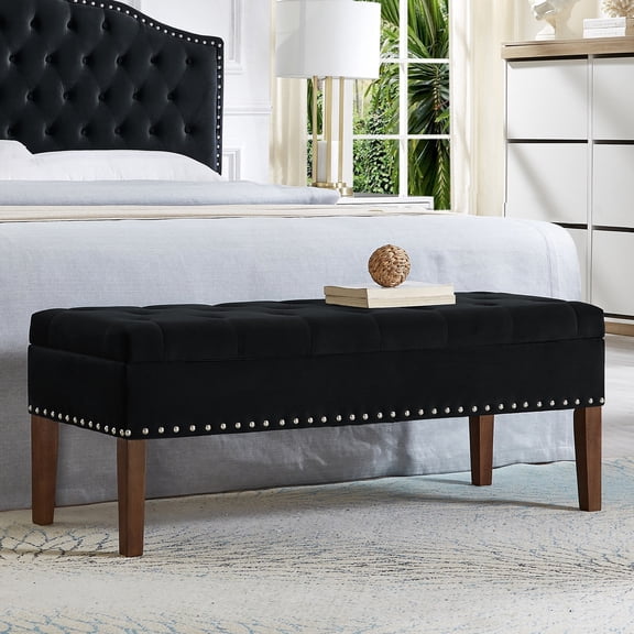 Tufted bench with internal storage, espresso wood / Safe storage and comfortable seating
