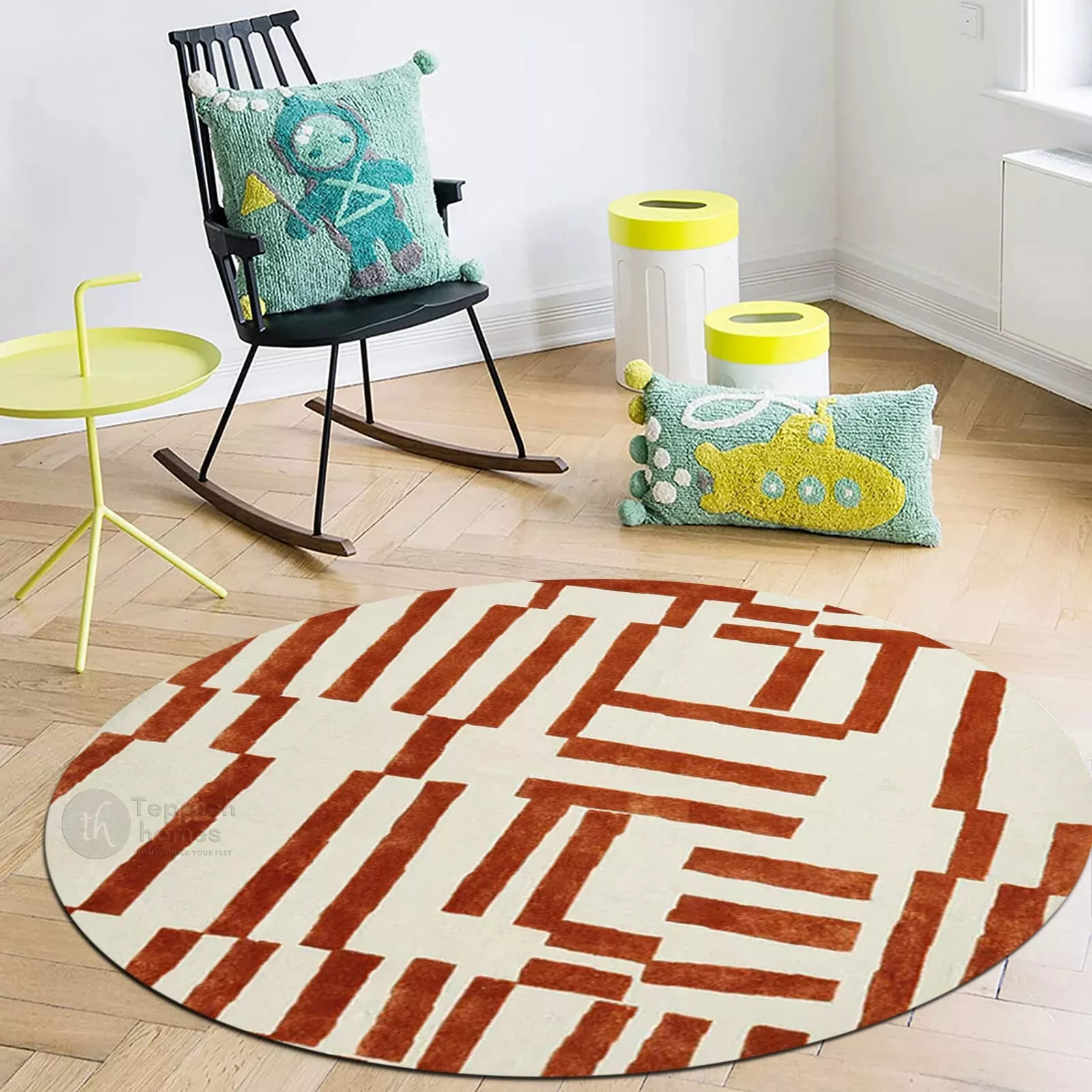 Tufted rug 5x5, Off White and Maroon color, Round carpet, Bed, Living ...