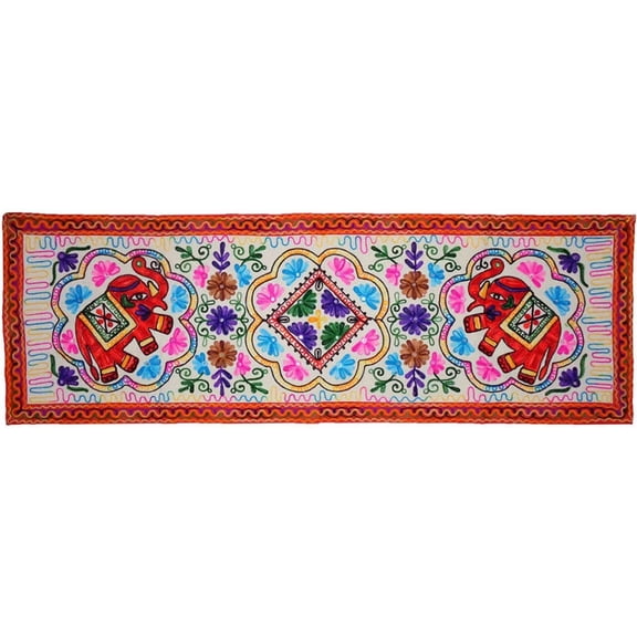 Tugana Craft Colorful Boho Embroidered Elephant Wall Hanging Tapestry & Indian Table Runner
