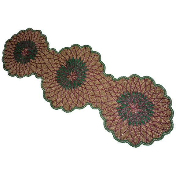 Tugana Craft Elegance Glass Beaded Handcrafted Table Runner, Golden Green Decorative Beaded Table Runner