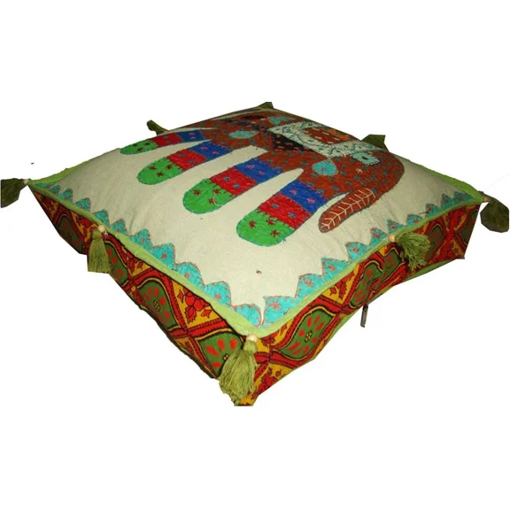Tugana Craft Elephant Design Square Pouf Ottoman Floor Seat Cover Pillow Case with Applique Patchwork Embroidery