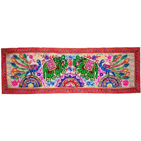 Tugana Craft Indian Wall Hanging Tapestry Table Runner with Elephant & Peacock Embroidery Work, Boho Decor