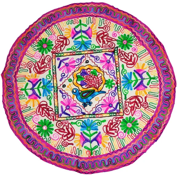 Tugana Craft Round Runner Tapestry with Peacock Embroidery Boho Tablecloth & Table Dcor Indian Handmade Art
