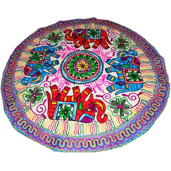 Tugana Craft Round Tablecloth/Runner  Elephant Design Embroidery, Boho Suzani Wedding Dcor, Indian Handmade Tapestry