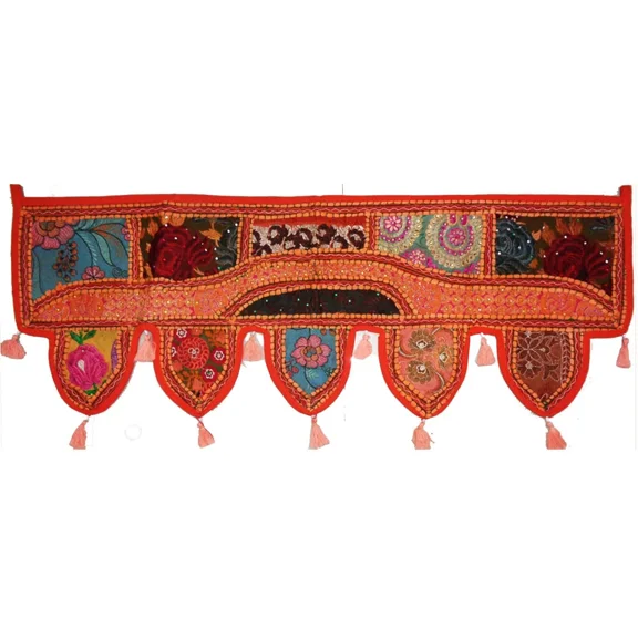 Tugana Craft Window Valance Door Topper Orange Toran Boho Wall Hanging Vintage Patchwork Embroidery