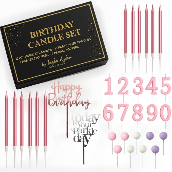by Tugba Aydan - 33 Pcs Pink Birthday Candle Set with Number Candles 09, Metallic Long Candles, Ball&Text Toppers-Complete Cake Decoration Kit for Kids & Adults Birthday Party