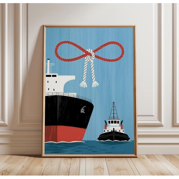Tugboat Cargo Ship Poster Nautical Wall Art Harbour Rope Print