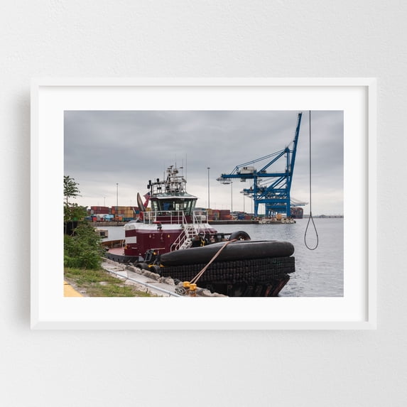 Tugboat Docked at the Port of Baltimore - Baltimore Maryland Photography Harbor Port Industrial Nautical Boat Maritime Cityscape White Framed Wall Art Print 16 x 24 inches