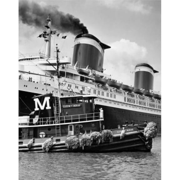 Tugboat in Front of Cruise Ship Ss United States Poster Print - 18 x 24