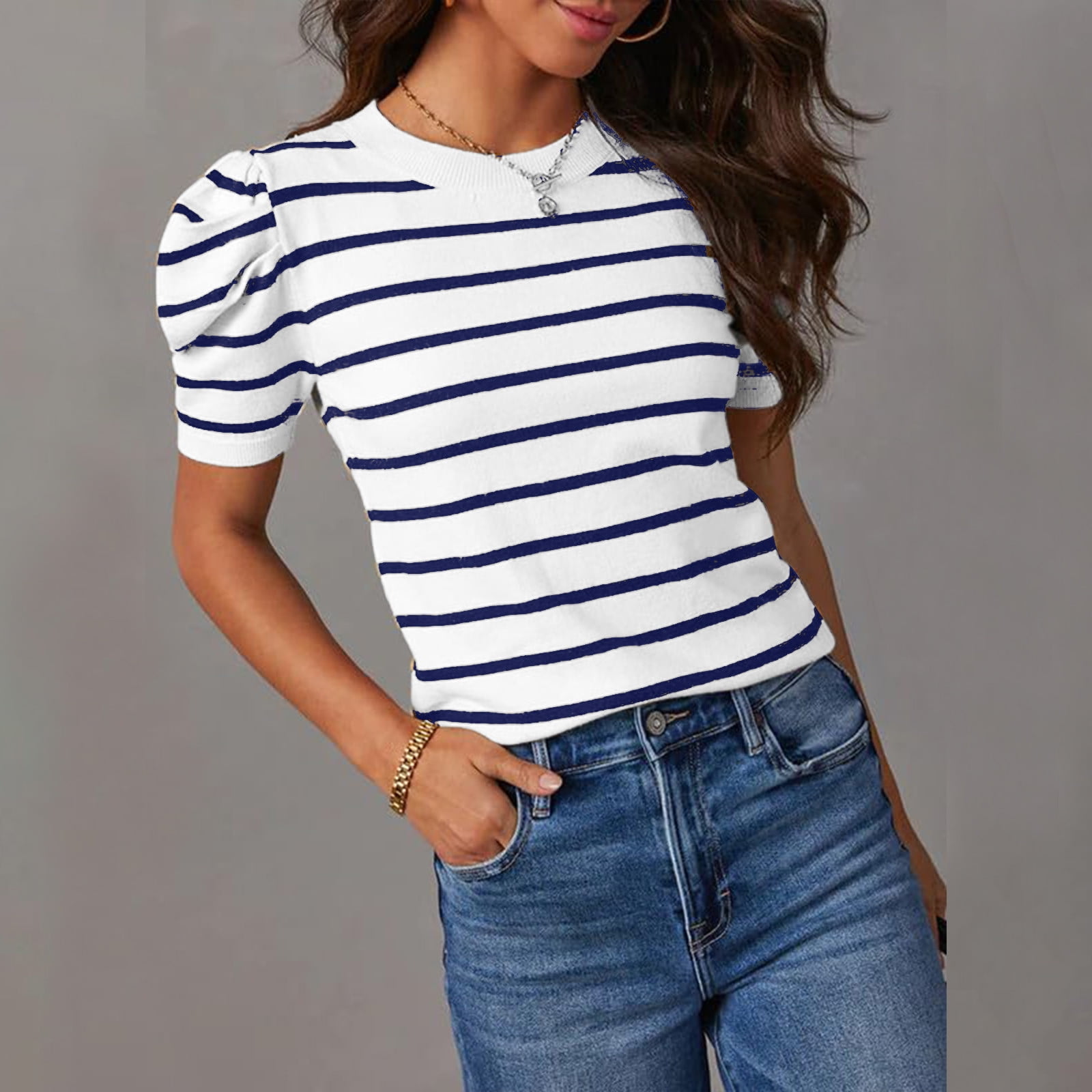 Tugoxie Ladies Summer Tops Short Sleeve Blue Striped Fashion Striped T